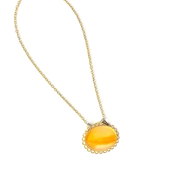 Yellow Orange Polished Glass Oval Necklace with Gold-Toned Chain - Picture 5 of 9